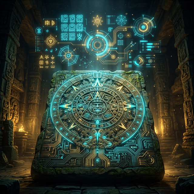 Ancient Mayan stone tablet with digital overlays
